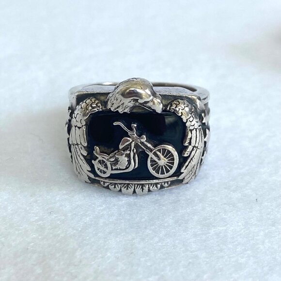 Sterling Silver 925 BGE Heavy Black Onyx Motorcycle Eagle Wide Band Ring Sz 9.5 - Picture 5 of 16